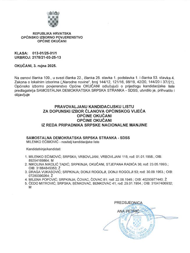 Pravovaljana kandidacijska lista za dopunski izbor članova općinskog vijeća